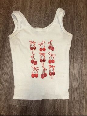 White Cherry Print Ribbed Tank Top - Girls